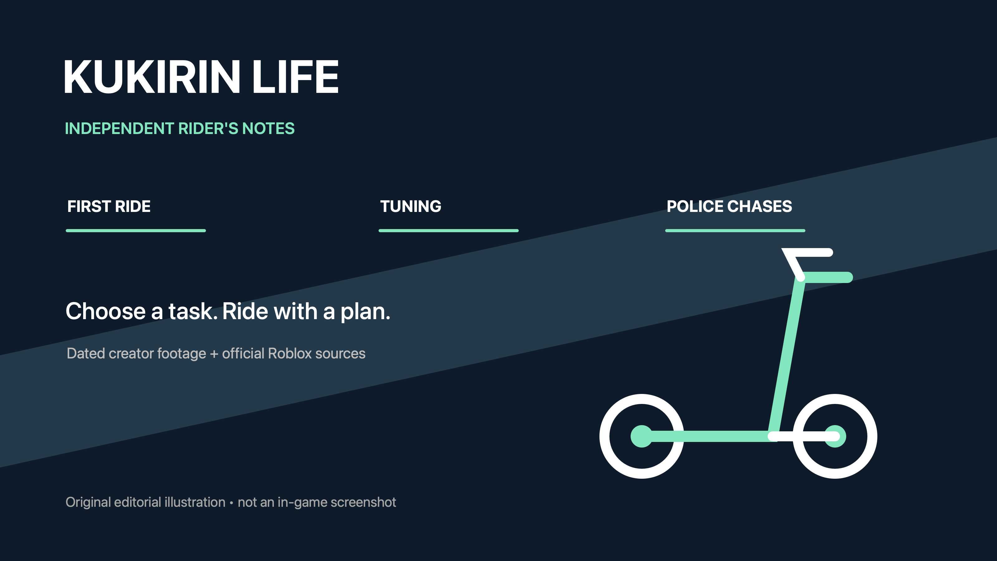 Original editorial Kukirin Life scooter illustration labeling first ride, tuning and police chases